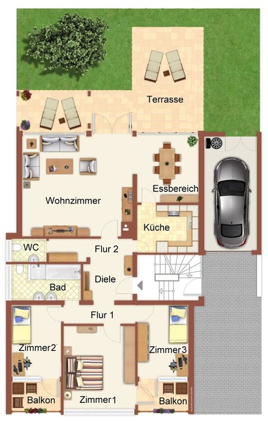 Grundriss Gartengeschoss - 3-Familienhaus auf großem Grundstück in gewachsener Lage von Wiesloch