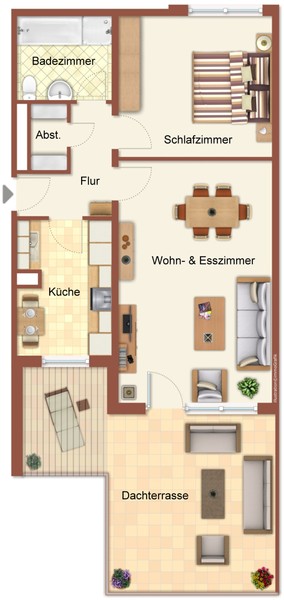 Grundriss - Mannheim-Käfertal / Erbpacht: 
Geräumige 2-Zimmer-Wohnung mit großer Sonnenterrasse!