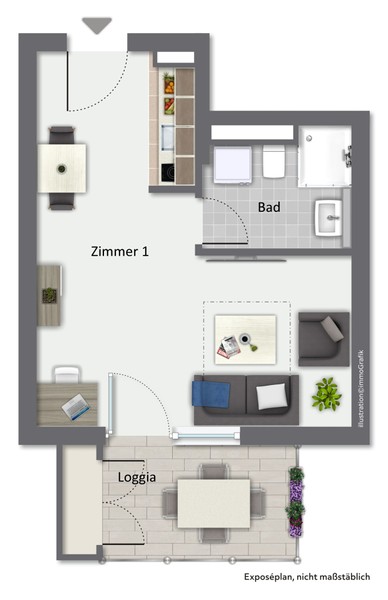 Grundriss - Bezugsfertige 1-Zimmer-Wohnung mit Süd-Loggia und Tiefgaragenstellplatz