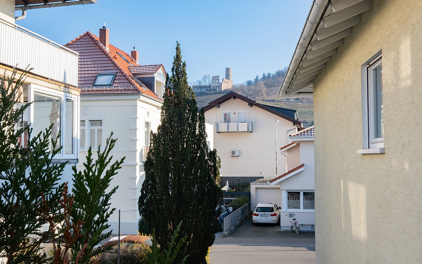 Blick auf Strahlenburg - Wohlfühl-Ambiente in Schriesheim: Exklusives Einfamilienhaus mit ELW und Blick auf die Strahlenburg