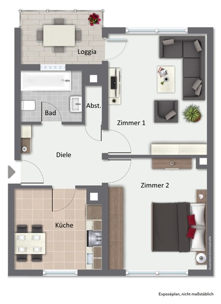 Grundriss - Bezugsfreie 2-Zimmer-Wohnung mit Loggia und Garage in Leimen