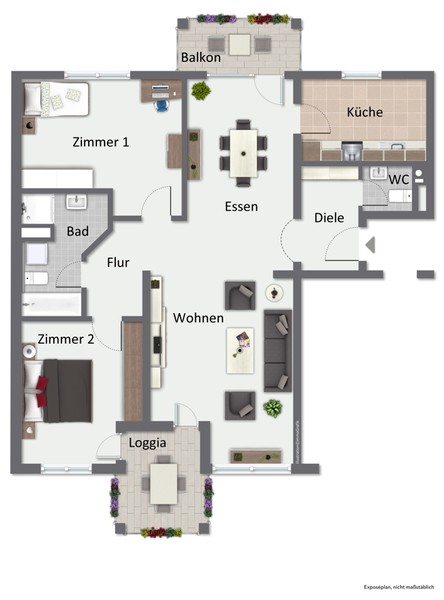 Grundriss - Großzügige 3,5-Zimmer-Wohnung mit Carport, 2 Balkonen und Neckarblick