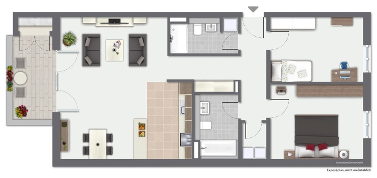 Grundriss - Erstbezug - Moderne Dreizimmerwohnung mit Einbauküche, Stellplatz und Balkon
