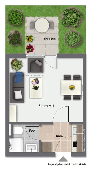 Grundriss - HD-Kirchheim: Vermietete 1-Zimmer-Wohnung inkl. TG-Stellplatz und Terrasse